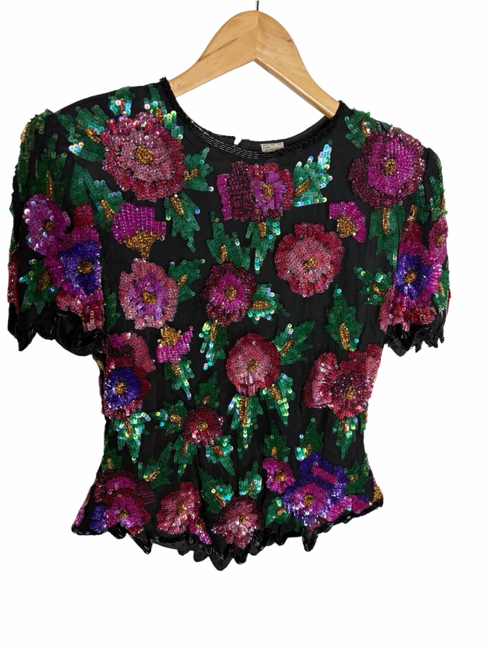 Vintage 80s/90s Lawrence Kazar silk pink & green rose sequins beaded blouse M